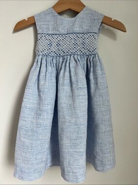 Elegant Italian Linen Cotton Blend Light Blue Girls' Smocked Sundress Size 12M
